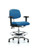 Class 100 Vinyl Clean Room/ESD Chair - Medium Bench Height with Seat Tilt, Adjustable Arms, Chrome Foot Ring, & ESD Stationary Glides in Blue ESD Vinyl NECR-MBCH-CR-T1-A1-CF-EG-ESDBLU