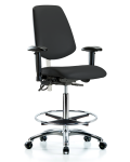 Class 100 Vinyl Clean Room/ESD Chair - High Bench Height with Medium Back, Adjustable Arms, Chrome Foot Ring, & ESD Casters in Black ESD Vinyl NECR-VHBCH-MB-CR-T0-A1-CF-EC-ESDBLK