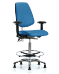 Class 100 Vinyl Clean Room/ESD Chair - High Bench Height with Medium Back, Adjustable Arms, Chrome Foot Ring, & ESD Stationary Glides in Blue ESD Vinyl NECR-VHBCH-MB-CR-T0-A1-CF-EG-ESDBLU