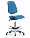 Class 100 Vinyl Clean Room/ESD Chair - High Bench Height with Medium Back, Seat Tilt, Chrome Foot Ring, & ESD Casters in Blue ESD Vinyl NECR-VHBCH-MB-CR-T1-A0-CF-EC-ESDBLU
