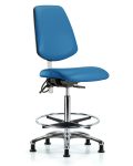 Class 100 Vinyl Clean Room/ESD Chair - High Bench Height with Medium Back, Seat Tilt, Chrome Foot Ring, & ESD Stationary Glides in Blue ESD Vinyl NECR-VHBCH-MB-CR-T1-A0-CF-EG-ESDBLU
