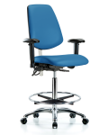 Class 100 Vinyl Clean Room/ESD Chair - High Bench Height with Medium Back, Seat Tilt, Adjustable Arms, Chrome Foot Ring, & ESD Casters in Blue ESD Vinyl NECR-VHBCH-MB-CR-T1-A1-CF-EC-ESDBLU