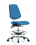 Class 100 Vinyl Clean Room/ESD Chair - Medium Bench Height with Medium Back, Chrome Foot Ring, & ESD Casters in Blue ESD Vinyl NECR-VMBCH-MB-CR-T0-A0-CF-EC-ESDBLU
