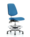 Class 100 Vinyl Clean Room/ESD Chair - Medium Bench Height with Medium Back, Chrome Foot Ring, & ESD Stationary Glides in Blue ESD Vinyl NECR-VMBCH-MB-CR-T0-A0-CF-EG-ESDBLU