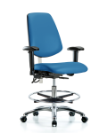 Class 100 Vinyl Clean Room/ESD Chair - Medium Bench Height with Medium Back, Adjustable Arms, Chrome Foot Ring, & ESD Casters in Blue ESD Vinyl NECR-VMBCH-MB-CR-T0-A1-CF-EC-ESDBLU