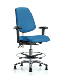 Class 100 Vinyl Clean Room/ESD Chair - Medium Bench Height with Medium Back, Adjustable Arms, Chrome Foot Ring, & ESD Stationary Glides in Blue ESD Vinyl NECR-VMBCH-MB-CR-T0-A1-CF-EG-ESDBLU