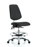 Class 100 Vinyl Clean Room/ESD Chair - Medium Bench Height with Medium Back, Seat Tilt, Chrome Foot Ring, & ESD Casters in Black ESD Vinyl NECR-VMBCH-MB-CR-T1-A0-CF-EC-ESDBLK