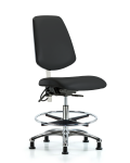Class 100 Vinyl Clean Room/ESD Chair - Medium Bench Height with Medium Back, Seat Tilt, Chrome Foot Ring, & ESD Stationary Glides in Black ESD Vinyl NECR-VMBCH-MB-CR-T1-A0-CF-EG-ESDBLK