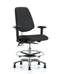 CL100 Vinyl Clean Room/ESD Chair - Medium Bench Height with Medium Back, Seat Tilt, Adj Arms, Chrome Foot Ring, & ESD Stationary Glides in Black ESD Vinyl NECR-VMBCH-MB-CR-T1-A1-CF-EG-ESDBLK
