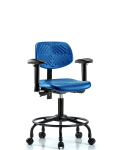 Polyurethane Chair Round Tube Base - Desk Height with Adjustable Arms & Casters in Blue Polyurethane PDHCH-RT-T0-A1-RC-BLU