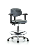 Polyurethane Chair Chrome - High Bench Height with Adjustable Arms, Chrome Foot Ring, & Casters in Black Polyurethane PHBCH-CR-T0-A1-CF-CC-BLK