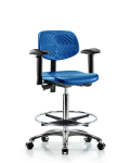 Polyurethane Chair Chrome - High Bench Height with Adjustable Arms, Chrome Foot Ring, & Casters in Blue Polyurethane PHBCH-CR-T0-A1-CF-CC-BLU