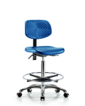 Polyurethane Chair Chrome - High Bench Height with Seat Tilt, Chrome Foot Ring, & Casters in Blue Polyurethane PHBCH-CR-T1-A0-CF-CC-BLU