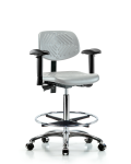 Polyurethane Chair Chrome - High Bench Height with Seat Tilt, Adjustable Arms, Chrome Foot Ring, & Casters in Gray Polyurethane PHBCH-CR-T1-A1-CF-CC-GRY