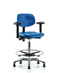 Polyurethane Chair Chrome - High Bench Height with Seat Tilt, Adjustable Arms, Chrome Foot Ring, & Stationary Glides in Blue Polyurethane PHBCH-CR-T1-A1-CF-RG-BLU