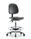 Polyurethane Chair Chrome - High Bench Height with Medium Back, Chrome Foot Rin, & Casters in Black Polyurethane PHBCH-MB-CR-T0-A0-CF-CC-BLK