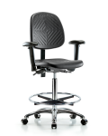 Polyurethane Chair Chrome - High Bench Height with Medium Back, Adjustable Arms, Chrome Foot Ring, & Casters in Black Polyurethane PHBCH-MB-CR-T0-A1-CF-CC-BLK