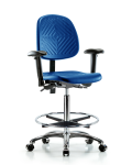 Polyurethane Chair Chrome - High Bench Height with Medium Back, Seat Tilt, Adjustable Arms, Chrome Foot Ring, & Casters in Blue Polyurethane PHBCH-MB-CR-T1-A1-CF-CC-BLU