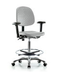 Polyurethane Chair Chrome - High Bench Height with Medium Back, Seat Tilt, Adjustable Arms, Chrome Foot Ring, & Casters in Gray Polyurethane PHBCH-MB-CR-T1-A1-CF-CC-GRY