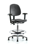Polyurethane Chair Chrome - High Bench Height with Medium Back, Seat Tilt, Adjustable Arms, Chrome Foot Ring, & Stationary Glides in Black Polyurethane PHBCH-MB-CR-T1-A1-CF-RG-BLK