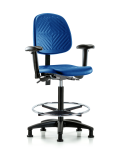 Polyurethane Chair Chrome - High Bench Height with Medium Back, Seat Tilt, Adjustable Arms, Chrome Foot Ring, & Stationary Glides in Blue Polyurethane PHBCH-MB-CR-T1-A1-CF-RG-BLU