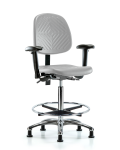 Polyurethane Chair Chrome - High Bench Height with Medium Back, Seat Tilt, Adjustable Arms, Chrome Foot Ring, & Stationary Glides in Gray Polyurethane PHBCH-MB-CR-T1-A1-CF-RG-GRY
