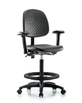 Polyurethane Chair - High Bench Height with Medium Back, Adjustable Arms, Black Foot Ring, & Casters in Black Polyurethane PHBCH-MB-RG-T0-A1-BF-RC-BLK