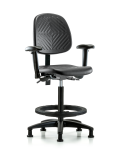Polyurethane Chair - High Bench Height with Medium Back, Adjustable Arms, Black Foot Ring, & Stationary Glides in Black Polyurethane PHBCH-MB-RG-T0-A1-BF-RG-BLK