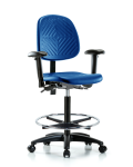 Polyurethane Chair - High Bench Height with Medium Back, Adjustable Arms, Chrome Foot Ring, & Casters in Blue Polyurethane PHBCH-MB-RG-T0-A1-CF-RC-BLU