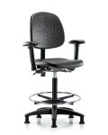 Polyurethane Chair - High Bench Height with Medium Back, Adjustable Arms, Chrome Foot Ring, & Stationary Glides in Black Polyurethane PHBCH-MB-RG-T0-A1-CF-RG-BLK