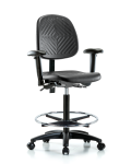Polyurethane Chair - High Bench Height with Medium Back, Seat Tilt, Adjustable Arms, Chrome Foot Ring, & Casters in Black Polyurethane PHBCH-MB-RG-T1-A1-CF-RC-BLK