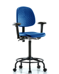 Polyurethane Chair with Round Tube Base - High Bench Height with Medium Back, Adjustable Arms, & Casters in Blue Polyurethane PHBCH-MB-RT-T0-A1-RC-BLU