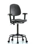 Polyurethane Chair with Round Tube Base - High Bench Height with Medium Back, Seat Tilt, Adjustable Arms, & Casters in Black Polyurethane PHBCH-MB-RT-T1-A1-RC-BLK