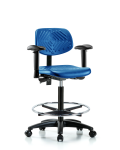 Polyurethane Chair - High Bench Height with Adjustable Arms, Chrome Foot Ring, & Casters in Blue Polyurethane PHBCH-RG-T0-A1-CF-RC-BLU