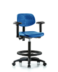 Polyurethane Chair - High Bench Height with Seat Tilt, Adjustable Arms, Black Foot Ring, & Casters in Blue Polyurethane PHBCH-RG-T1-A1-BF-RC-BLU