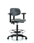 Polyurethane Chair - High Bench Height with Seat Tilt, Adjustable Arms, Chrome Foot Ring, & Casters in Black Polyurethane PHBCH-RG-T1-A1-CF-RC-BLK