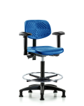Polyurethane Chair - High Bench Height with Seat Tilt, Adjustable Arms, Chrome Foot Ring, & Stationary Glides in Blue Polyurethane PHBCH-RG-T1-A1-CF-RG-BLU