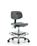 Polyurethane Chair Chrome - Medium Bench Height with Chrome Foot Ring & Casters in Black Polyurethane PMBCH-CR-T0-A0-CF-CC-BLK