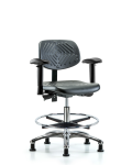 Polyurethane Chair Chrome - Medium Bench Height with Adjustable Arms, Chrome Foot Ring, & Stationary Glides in Black Polyurethane PMBCH-CR-T0-A1-CF-RG-BLK