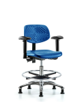 Polyurethane Chair Chrome - Medium Bench Height with Adjustable Arms, Chrome Foot Ring, & Stationary Glides in Blue Polyurethane PMBCH-CR-T0-A1-CF-RG-BLU