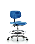 Polyurethane Chair Chrome - Medium Bench Height with Seat Tilt, Chrome Foot Ring, & Casters in Blue Polyurethane PMBCH-CR-T1-A0-CF-CC-BLU