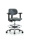Polyurethane Chair Chrome - Medium Bench Height with Seat Tilt, Adjustable Arms, Chrome Foot Ring, & Casters in Black Polyurethane PMBCH-CR-T1-A1-CF-CC-BLK