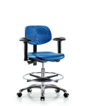 Polyurethane Chair Chrome - Medium Bench Height with Seat Tilt, Adjustable Arms, Chrome Foot Ring, & Casters in Blue Polyurethane PMBCH-CR-T1-A1-CF-CC-BLU