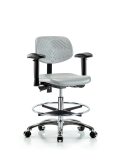 Polyurethane Chair Chrome - Medium Bench Height with Seat Tilt, Adjustable Arms, Chrome Foot Ring, & Casters in Gray Polyurethane PMBCH-CR-T1-A1-CF-CC-GRY
