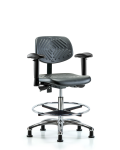 Polyurethane Chair Chrome - Medium Bench Height with Seat Tilt, Adjustable Arms, Chrome Foot Ring, & Stationary Glides in Black Polyurethane PMBCH-CR-T1-A1-CF-RG-BLK