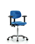 Polyurethane Chair Chrome - Medium Bench Height with Seat Tilt, Adjustable Arms, & Casters in Blue Polyurethane PMBCH-CR-T1-A1-NF-CC-BLU