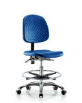 Polyurethane Chair Chrome - Medium Bench Height with Medium Back, Seat Tilt, Chrome Foot Ring, & Casters in Blue Polyurethane PMBCH-MB-CR-T1-A0-CF-CC-BLU