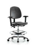 Polyurethane Chair Chrome - Medium Bench Height with Medium Back, Seat Tilt, Adjustable Arms, Chrome Foot Ring, & Casters in Black Polyurethane PMBCH-MB-CR-T1-A1-CF-CC-BLK