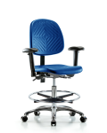 Polyurethane Chair Chrome - Medium Bench Height with Medium Back, Seat Tilt, Adjustable Arms, Chrome Foot Ring, & Casters in Blue Polyurethane PMBCH-MB-CR-T1-A1-CF-CC-BLU