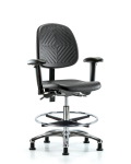 Polyurethane Chair Chrome - Medium Bench Height with Medium Back, Seat Tilt, Adjustable Arms, Chrome Foot Ring, & Stationary Glides in Black Polyurethane PMBCH-MB-CR-T1-A1-CF-RG-BLK